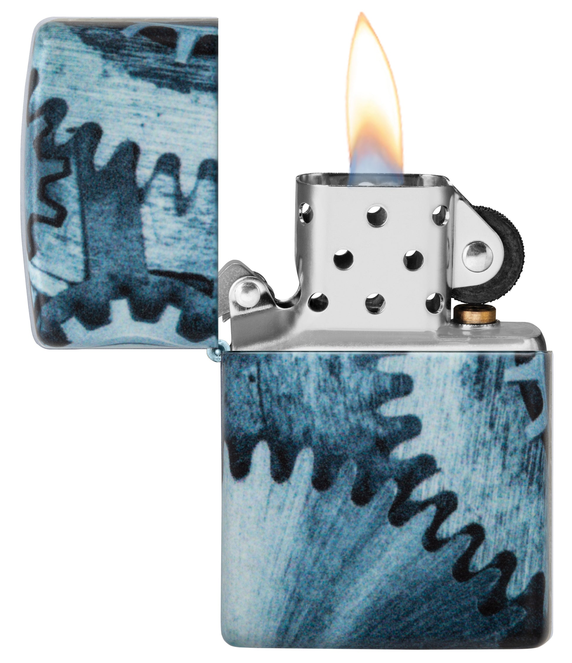 Zippo Feuerzeug 540 Grad Gear Wheels Design mit Zahnräder Online Only geöffnet mit Flamme