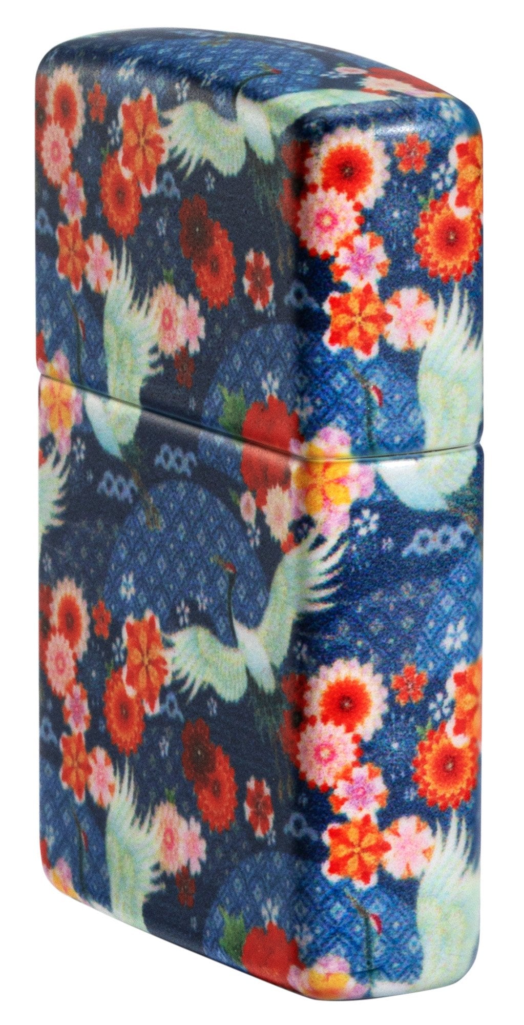 Seitenansicht vorne 3/4 Winkel Zippo Feuerzeug Kimono 540 Grad Design mit weißen großen Vögeln und roten Blumen