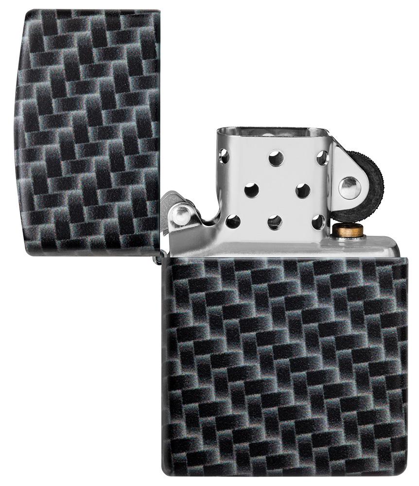 Frontansicht Zippo Feuerzeug White Matte mit 540 Grad Color Image und Rechteckeckige Kacheln als Muster geöffnet ohne Flamme