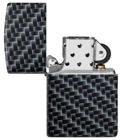 Frontansicht Zippo Feuerzeug White Matte mit 540 Grad Color Image und Rechteckeckige Kacheln als Muster geöffnet ohne Flamme