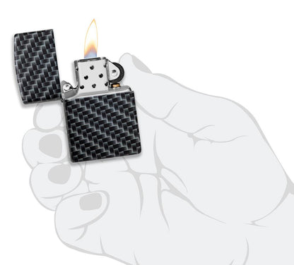 Frontansicht Zippo Feuerzeug White Matte mit 540 Grad Color Image und Rechteckeckige Kacheln als Muster geöffnet mit Flamme in stilistischer Hand