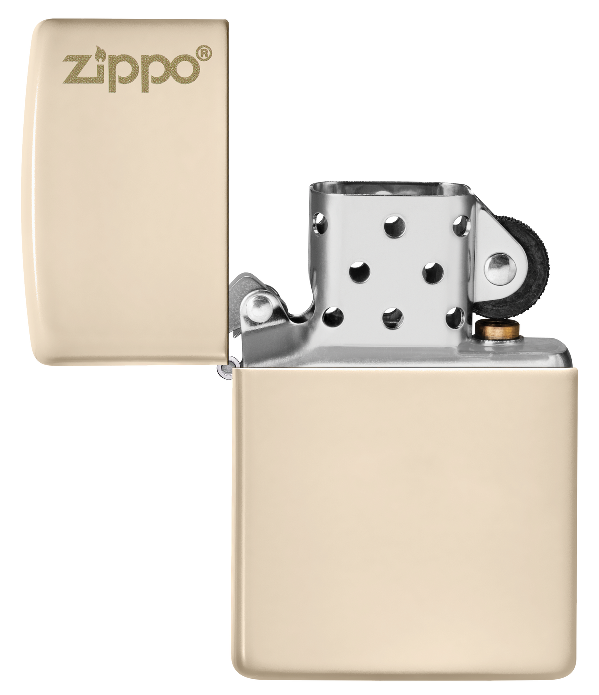Briquet Zippo vue de face du briquet tempête Zippo Flat Sand avec logo éteint, sans flamme