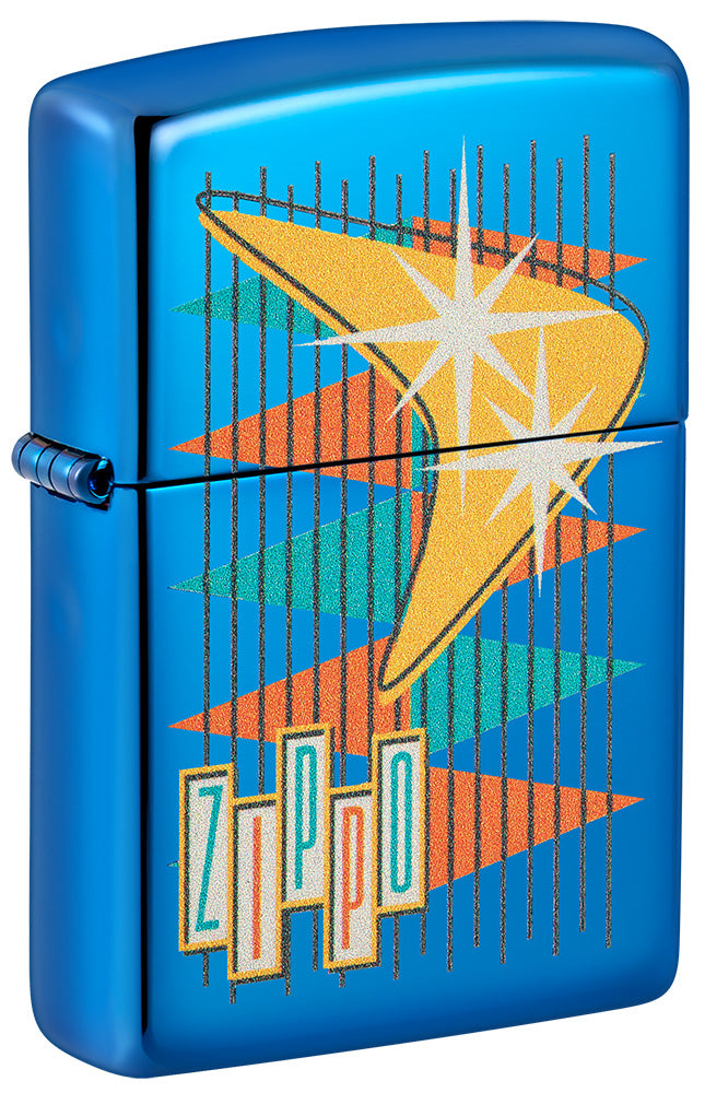Zippo Feuerzeug Frontansicht ¾ Winkel hochglanzblau im Retrostil mit vielen bunten Dreiecken sowie Logo