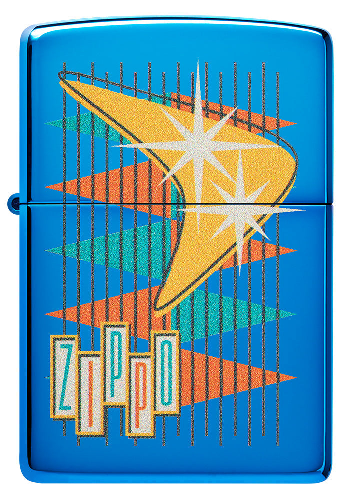 Zippo Feuerzeug Frontansicht hochglanzblau im Retrostil mit vielen bunten Dreiecken sowie Logo