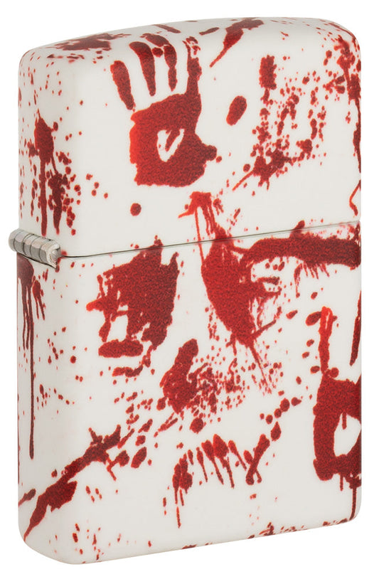 Zippo Feuerzeug Frontansicht ¾ Winkel 540 Grad Design matt weiß mit blutigen Handabdrücken