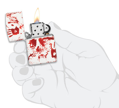 Zippo Feuerzeug 540 Grad Design matt weiß mit blutigen Handabdrücken geöffnet mit Flamme in stilisierter Hand