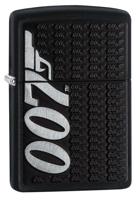 Frontansicht 3/4 Winkel Zippo Feuerzeug James Bond schwarz mit großem 007 Logo seitlich
