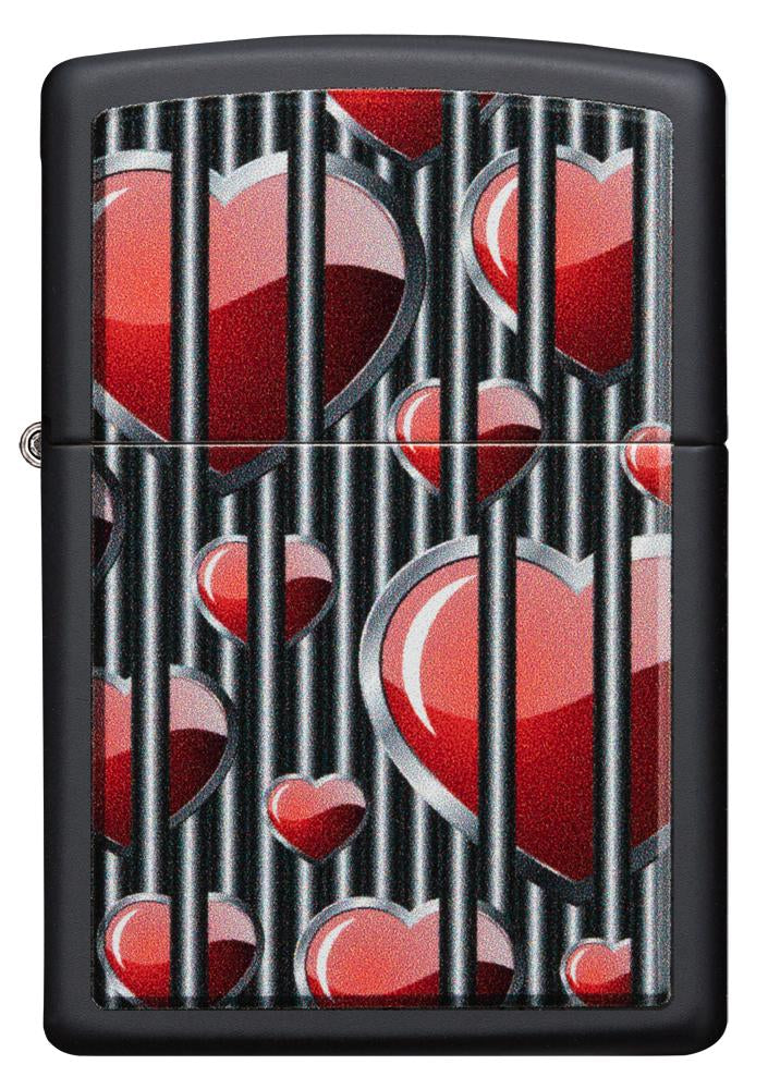 Frontansicht Zippo Feuerzeug schwarz Herzen hinter Gittern