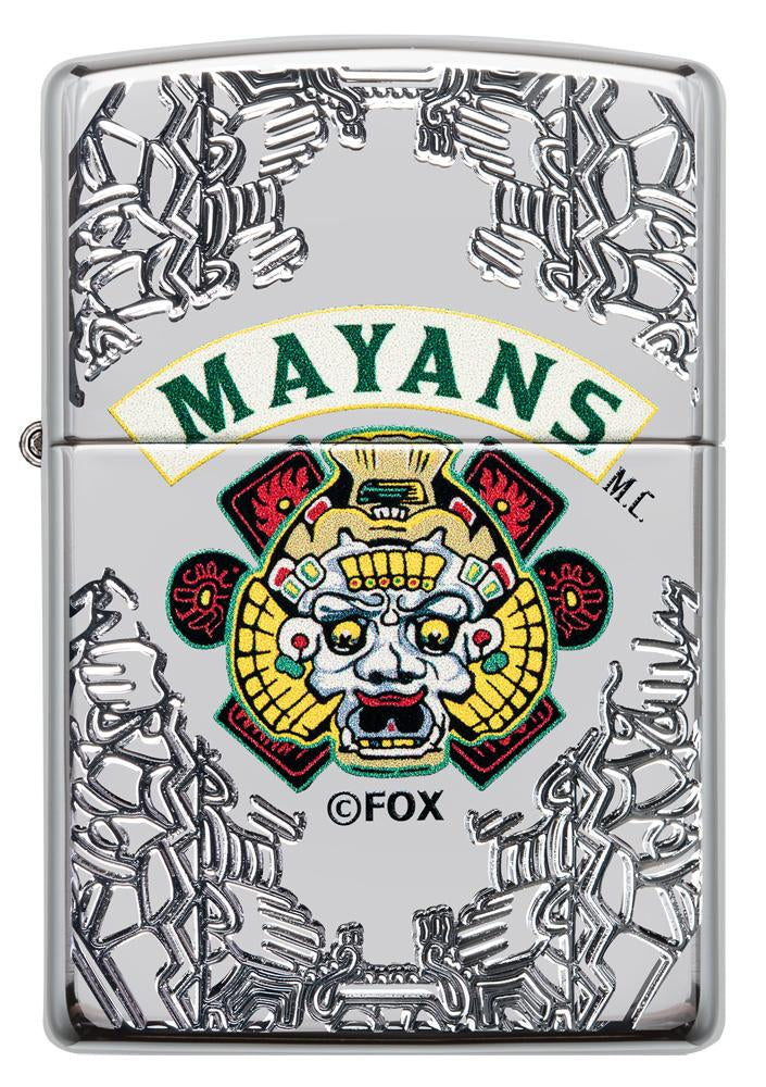 Frontansicht Zippo Feuerzeug chrom mit tiefen Gravuren Mayans M.C.