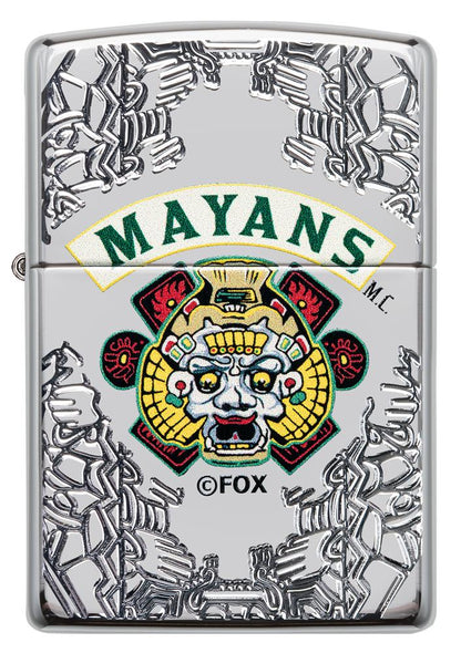 Frontansicht Zippo Feuerzeug chrom mit tiefen Gravuren Mayans M.C.