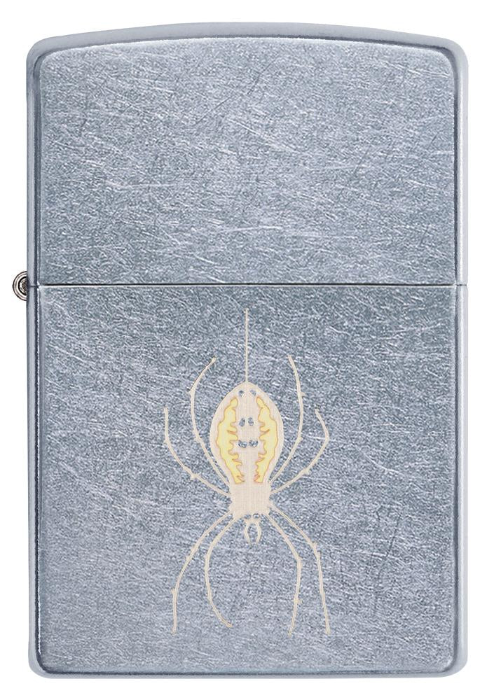 Frontansicht Zippo Feuerzeug chrom mit Spinne an Faden
