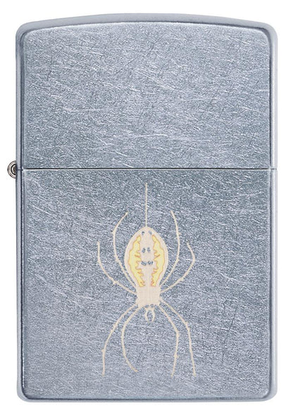 Frontansicht Zippo Feuerzeug chrom mit Spinne an Faden