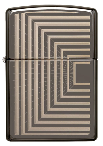Zippo Feuerzeug Frontansicht Black Ice® mit eingravierten geometrisch angeordneten Linien