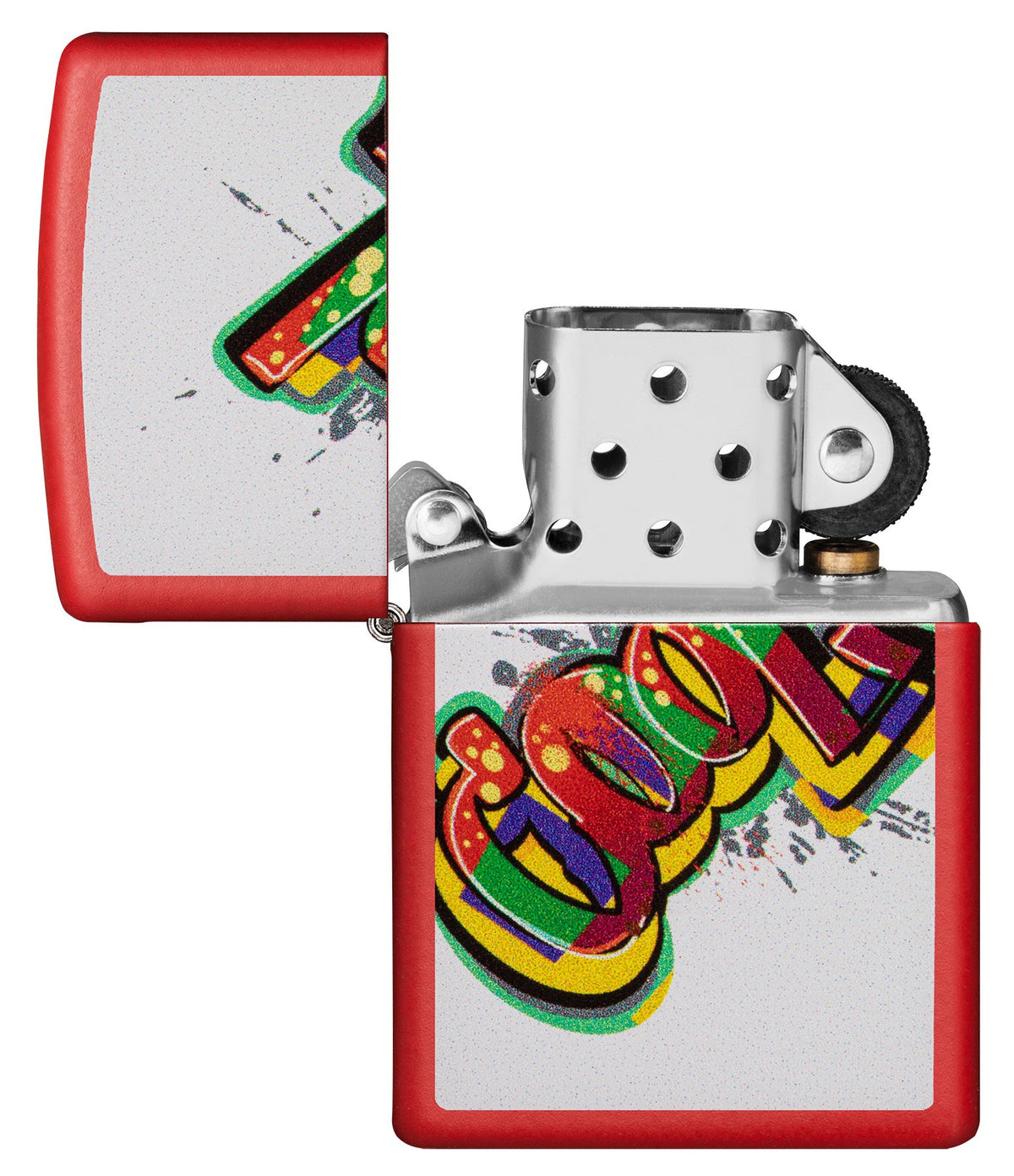 Zippo Feuerzeug Frontansicht rot matt geöffnet mit "Cool" Schriftzug in verschiedenen Farben auf weißem Hintergrund