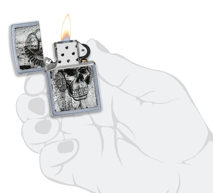 Zippo Feuerzeug chrom Totenkopf mit Kopfhörern geöffnet mit Flamme in stilisierter Hand