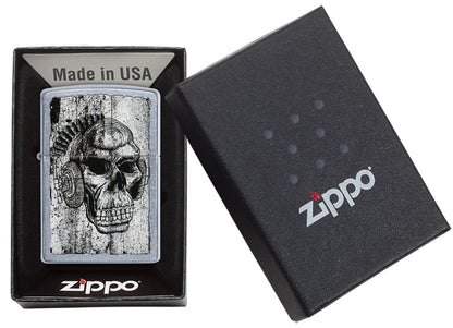 Zippo Feuerzeug chrom Totenkopf mit Kopfhörern in offenem Karton