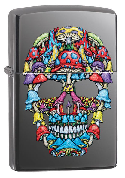 Frontansicht 3/4 Winkel Zippo Feuerzeug grau bunter Totenkopf