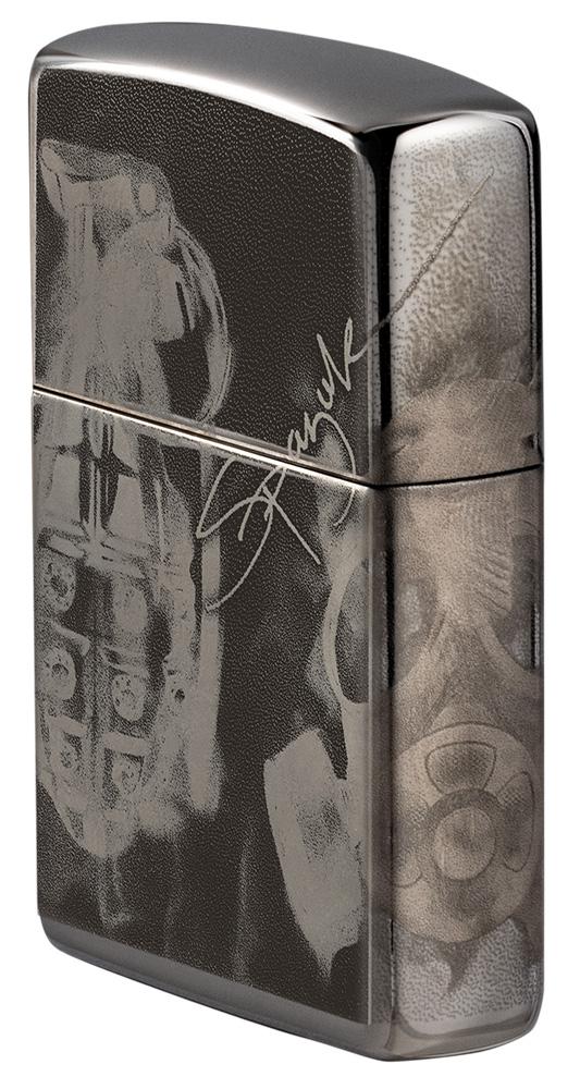 Seitenansicht Zippo Feuerzeug High Polish Schwarz mit Design des Künstlers Spazuk