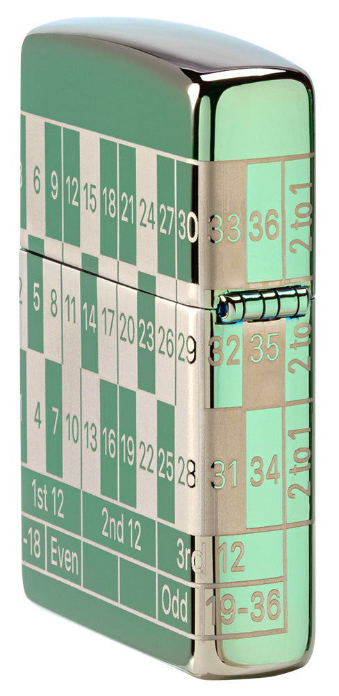 Zippo Feuerzeug Seitenansicht Hinten High Polish Green mit Roulettetisch