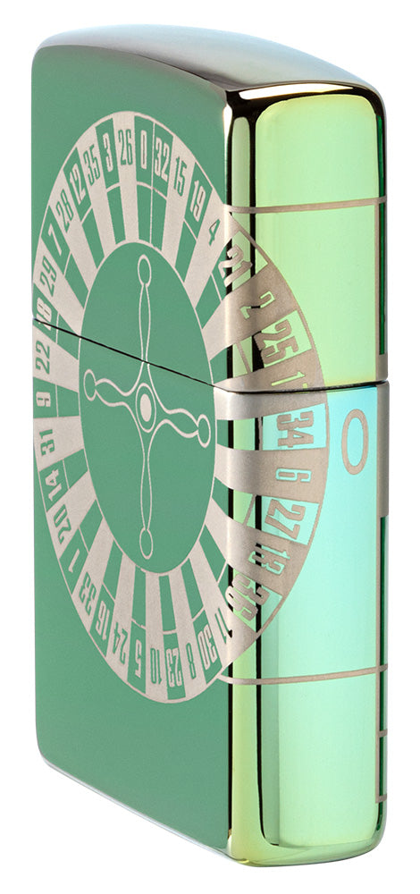 Zippo Feuerzeug Seitenansicht Front High Polish Green mit Roulettetisch