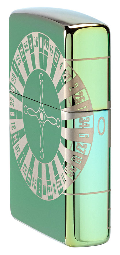 Zippo Feuerzeug Seitenansicht Front High Polish Green mit Roulettetisch