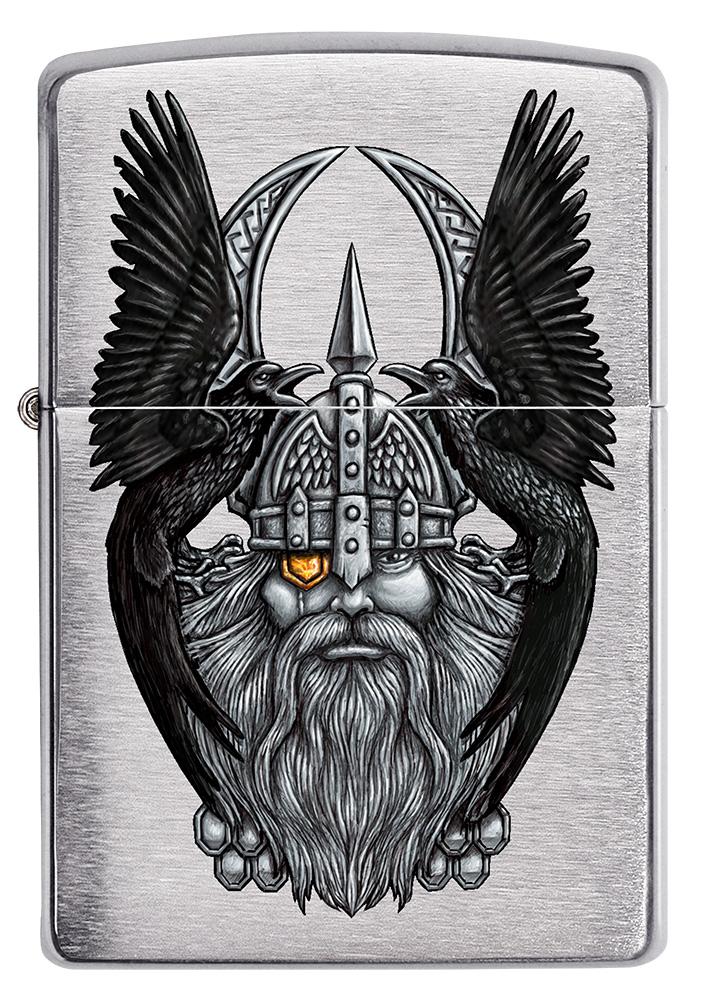 Frontansicht Zippo Feuerzeug Chrome gebürstet mit Göttervater Odin Kopf
