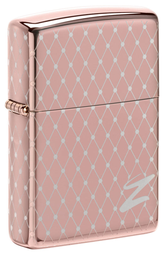 Frontansicht 3/4 Winkel Zippo Feuerzeug 360 Grad Lasergravur Rose Gold Netz-Design mit Zippo Logo Online Only